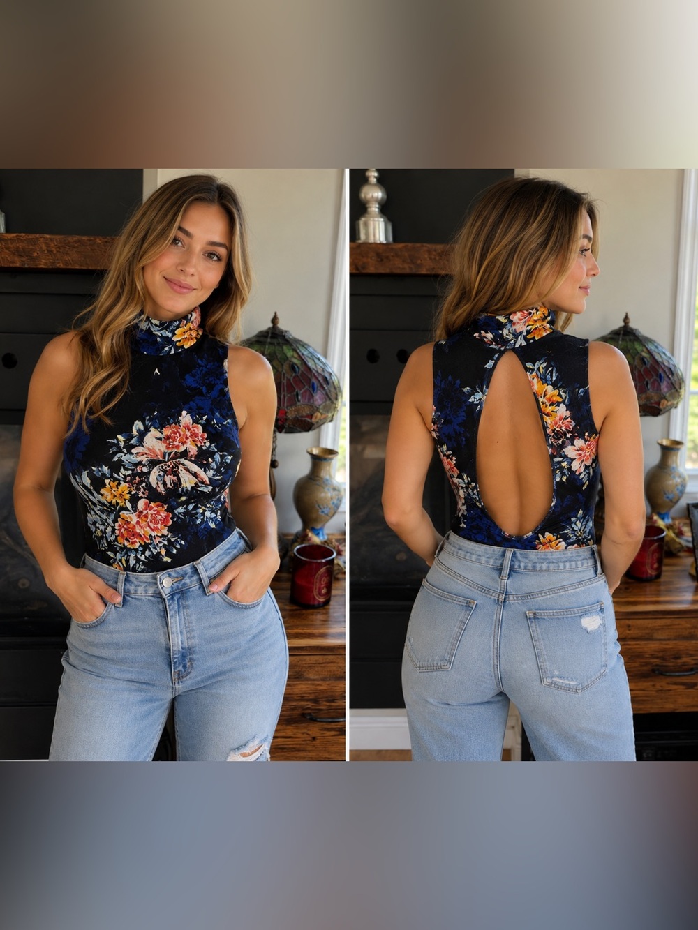 Free People Black Floral Mock Neck Bodysuit